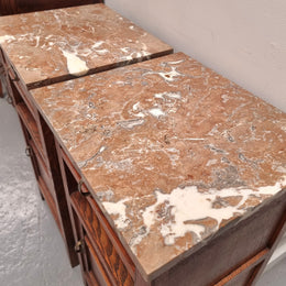 Pair of French Oak Arts & Crafts Marble Top Bedsides