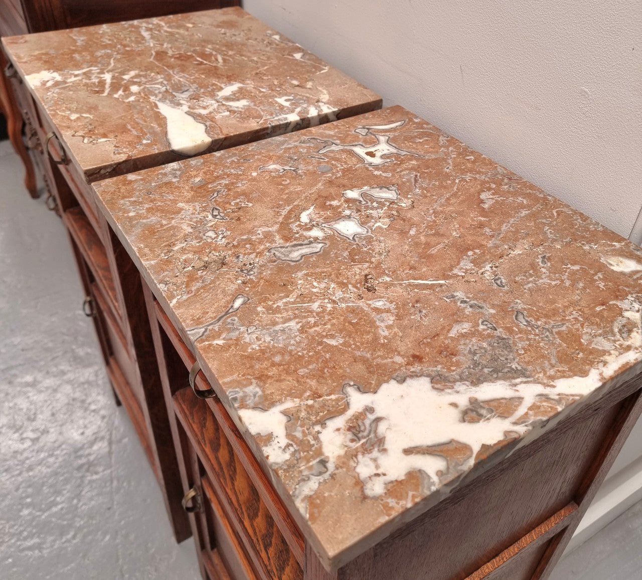 Pair of French Oak Arts & Crafts Marble Top Bedsides
