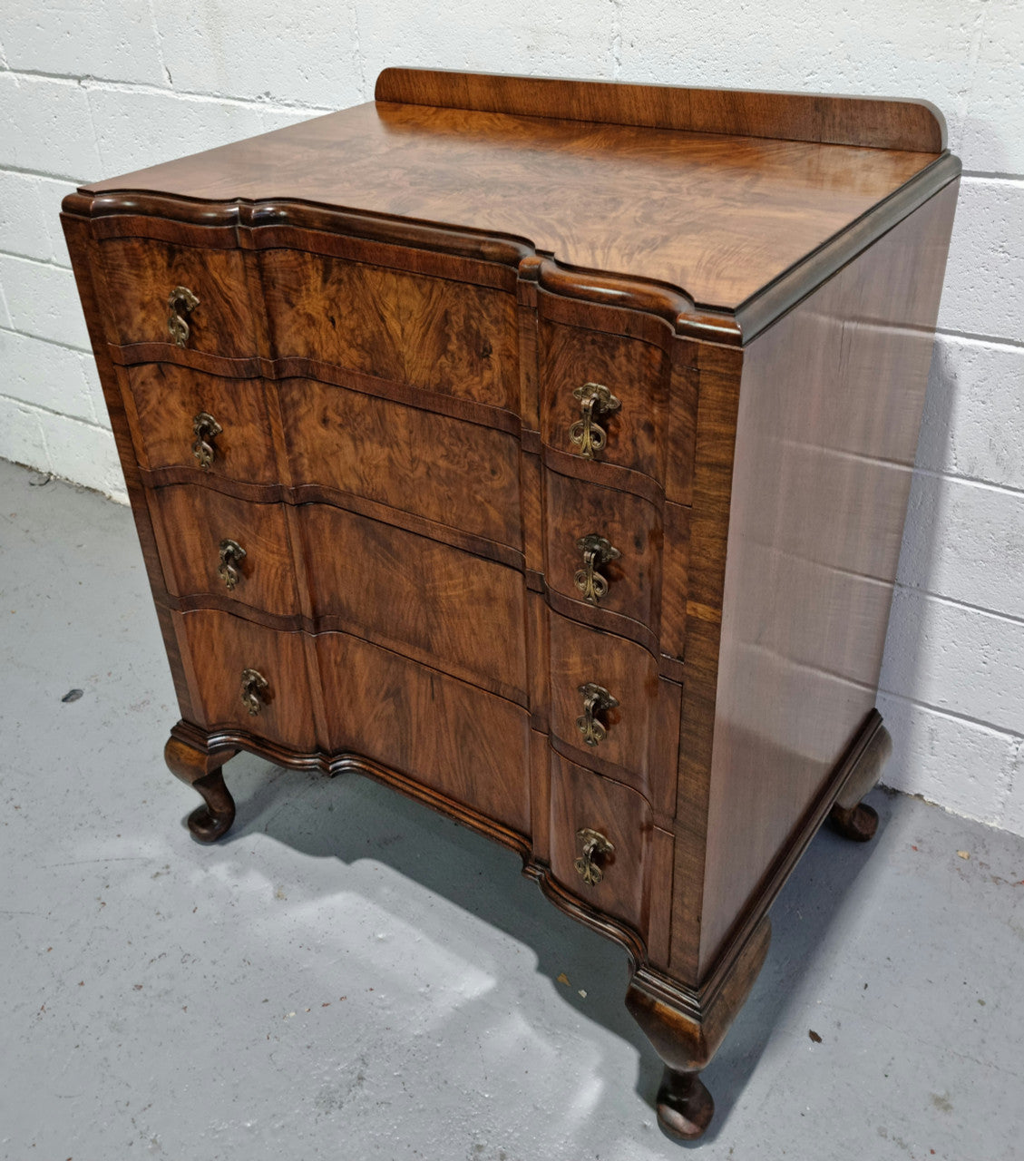 Antique English Figured Walnut Inverted Serpentine Fronted Chest of Drawers | Antique & Vintage | Moonee Ponds Antiques | Australia Wide Delivery