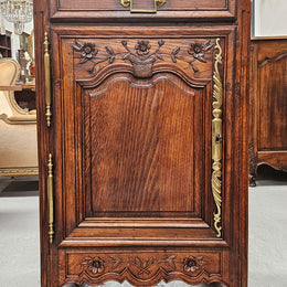 Louis 15th style oak 19th century cabinet with lovely brass hinges, handles & charming carving.  Circ: 1860's. In good original condition.