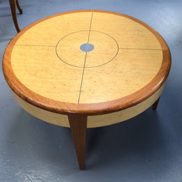 Lovely Vintage round Mahogany and blonde wood coffee table by (Alexander J Cook). It is in good original condition.