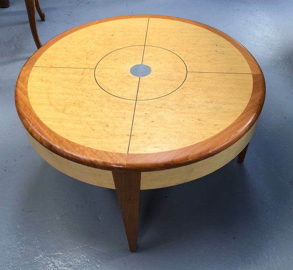 Lovely Vintage round Mahogany and blonde wood coffee table by (Alexander J Cook). It is in good original condition.