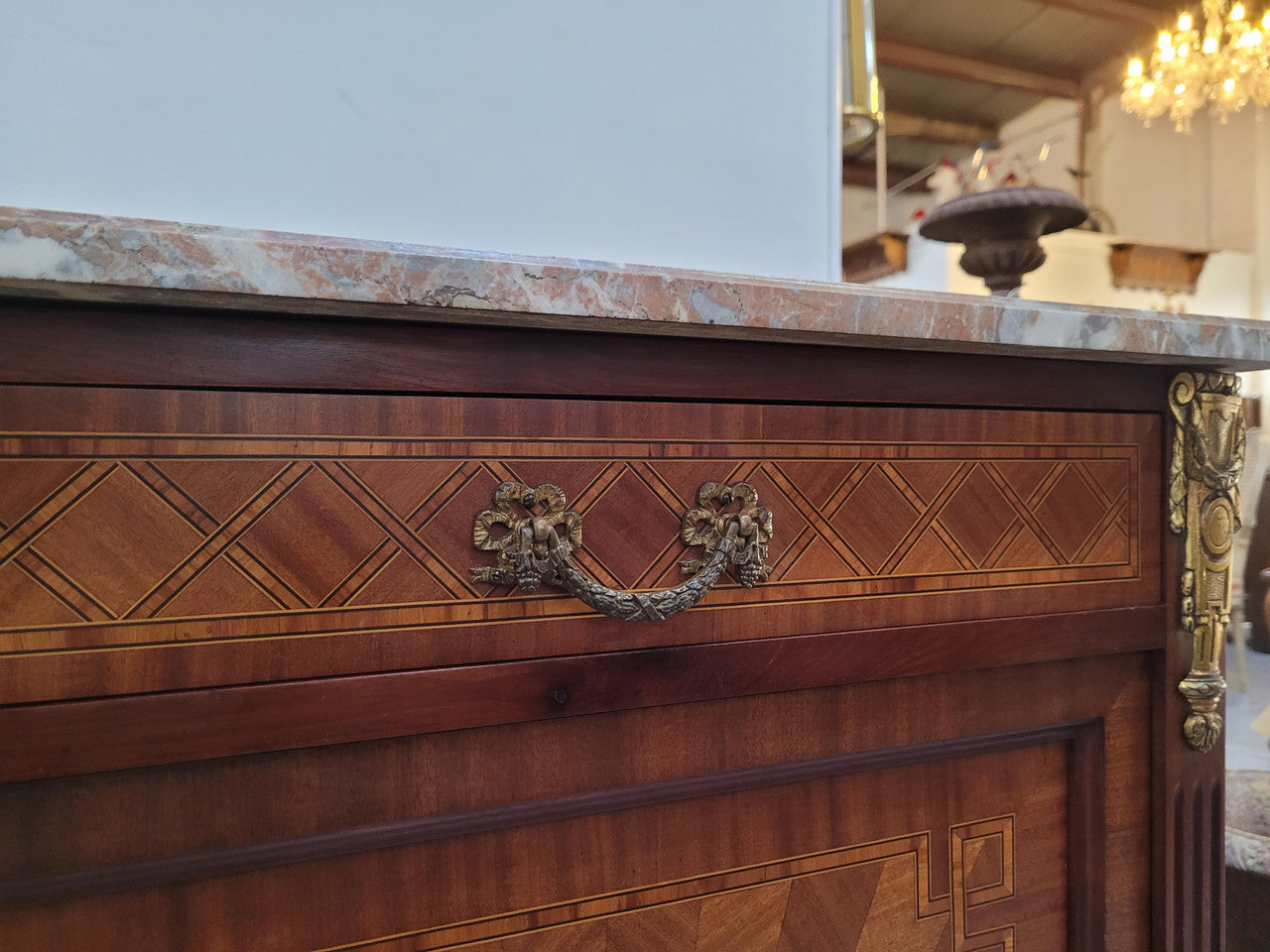Louis 16th Style Mahogany Marble Top Cupboard With Marquetry Inlay | Antique & Vintage | Moonee Ponds Antiques | Australia Wide Delivery