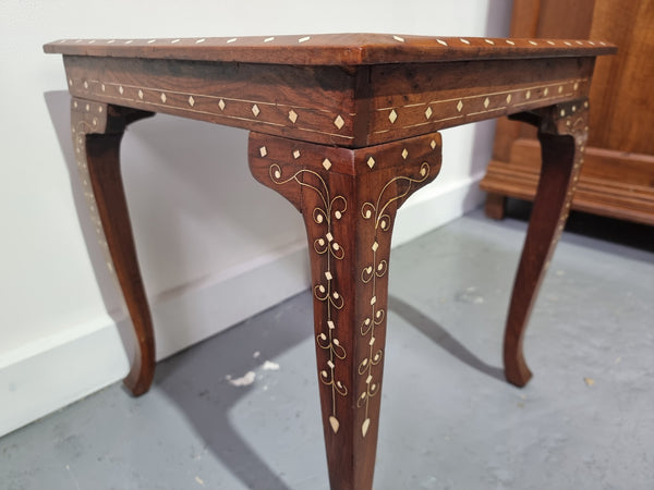 Stunning Indian Teak bone inlay square occasional table. In good original detailed condition.