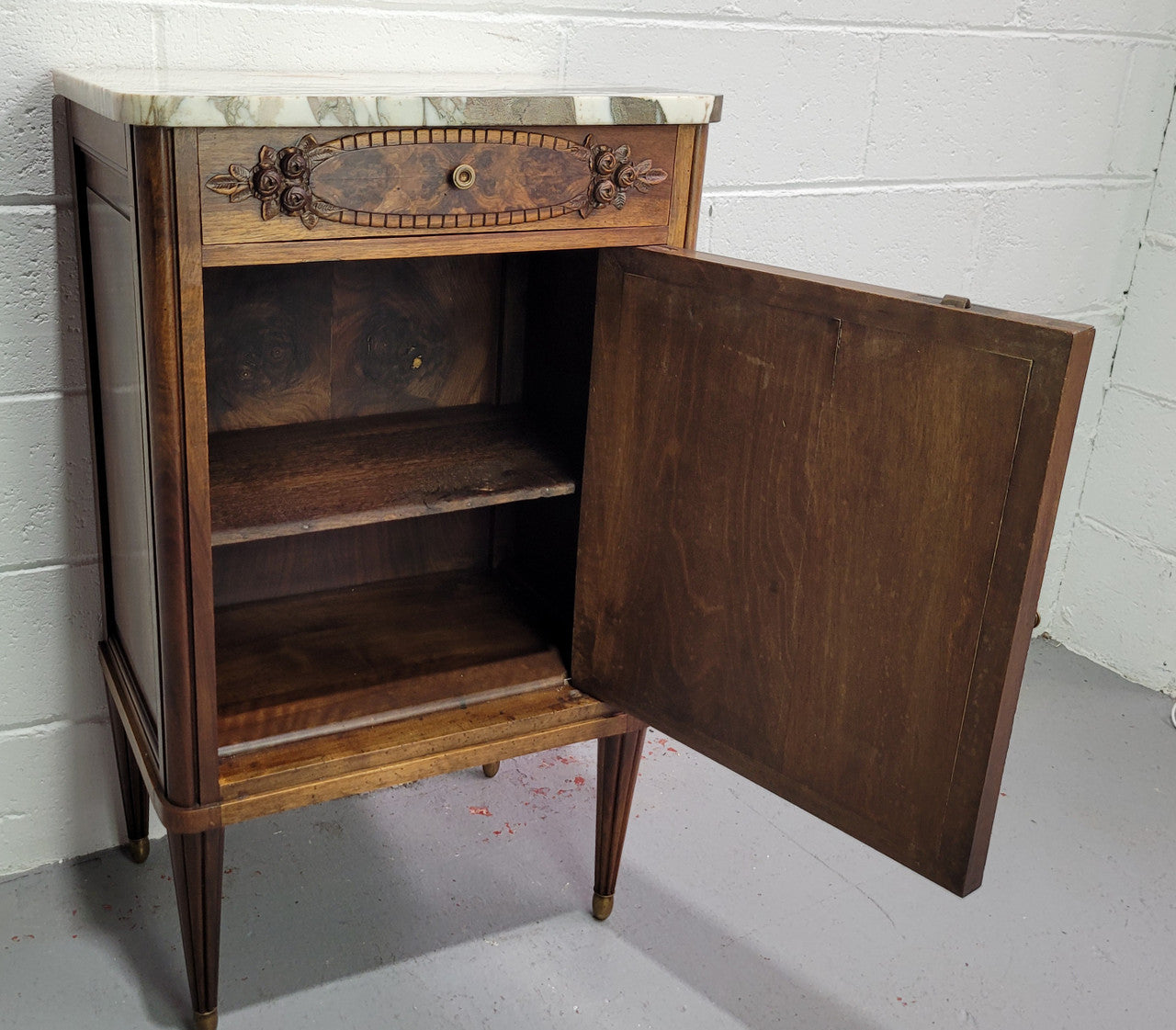 Louis XVI Style Art Deco Walnut Marble Top Side Cabinet