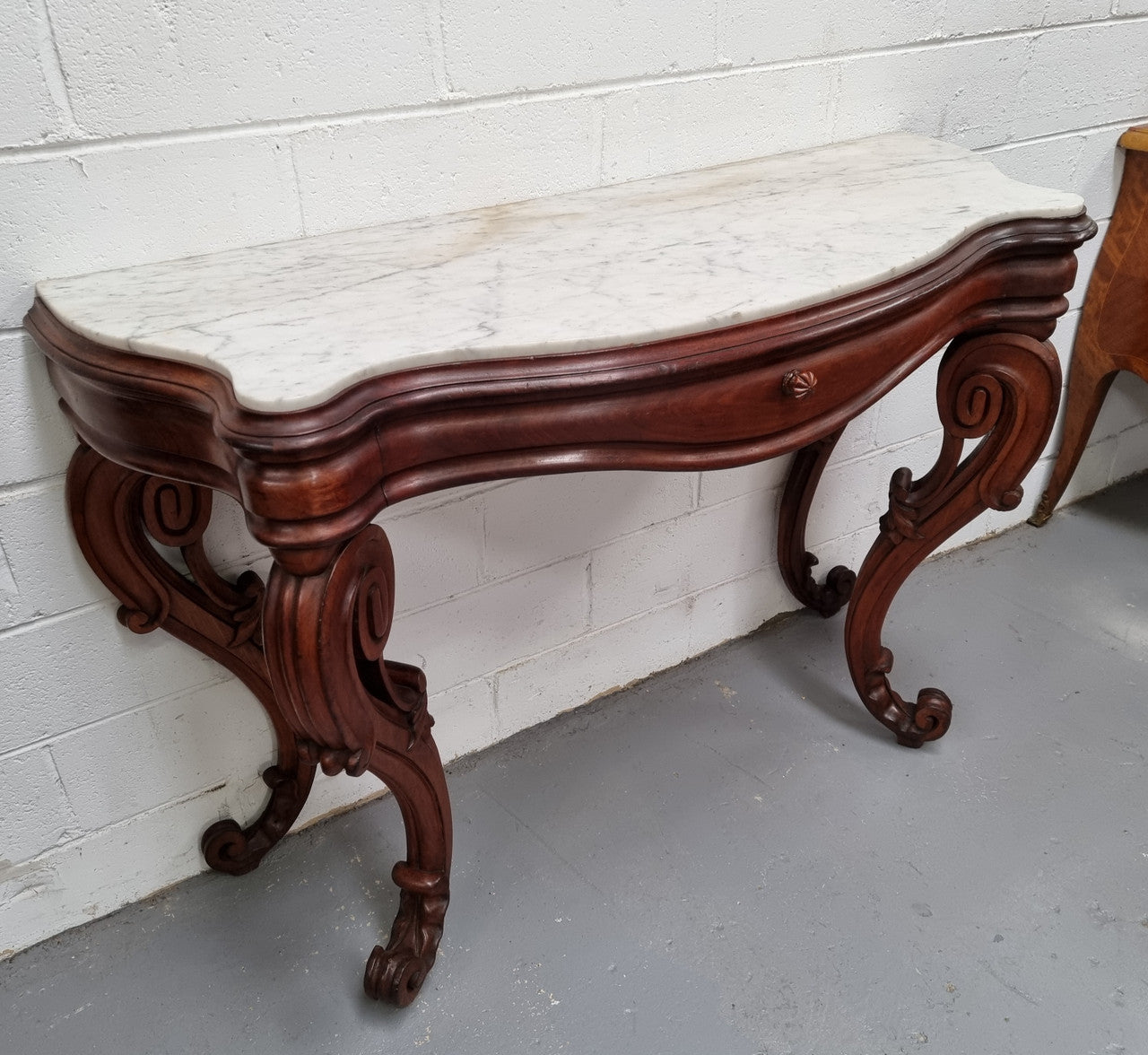 19th Century French Mahogany marble top console table. Louis XV style with white marble top and single drawer. Sourced from France and in good original detailed condition.
