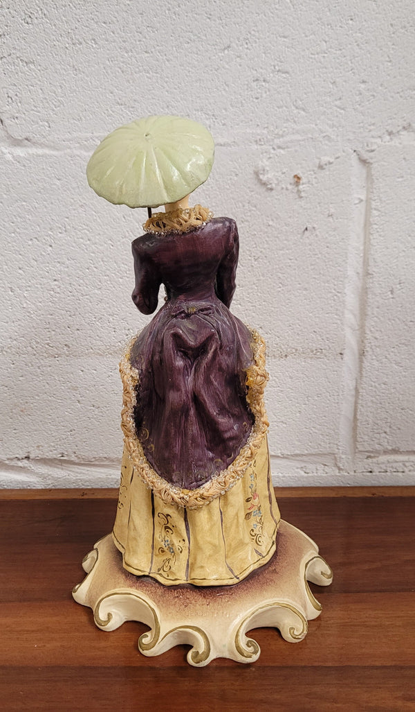 Vintage Italian figurine of lady holding umbrella signed. Sourced locally and in good original condition, please view photos as they help form part of the description.