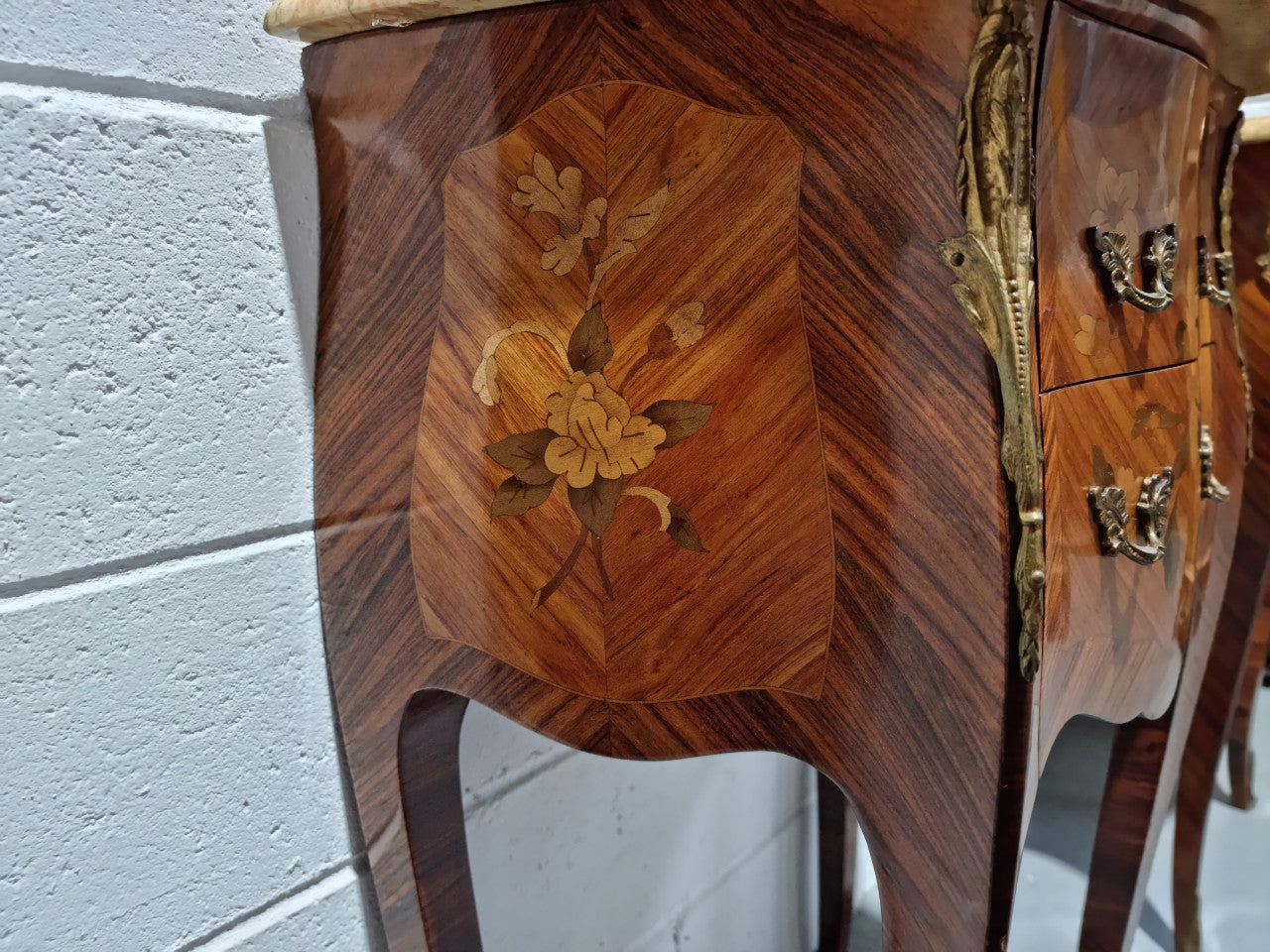 Pair of French Commode Style Marquetry Inlaid Marble Top Kingwood Bedsides | Antique & Vintage | Moonee Ponds Antiques | Australia Wide Delivery