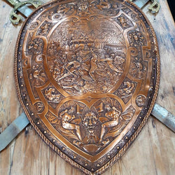 An Antique Very Detailed Embossed Copper Shield with Swords | Antique & Vintage | Moonee Ponds Antiques | Australia Wide Delivery