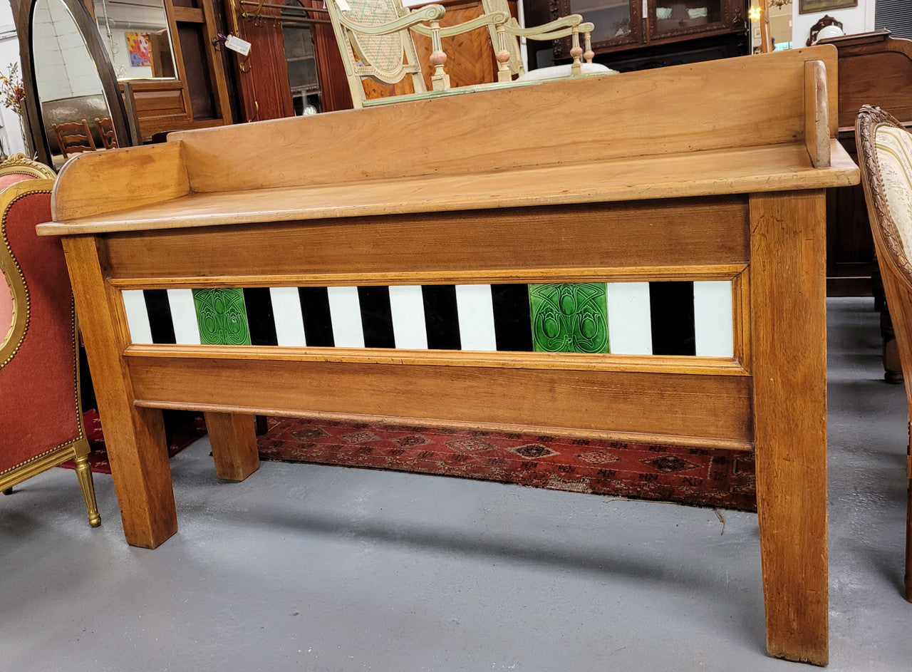 Australian Kauri pine preparation bench decorated with original tiles, could also be used as a display bench. Sourced locally and is in good detailed original condition.