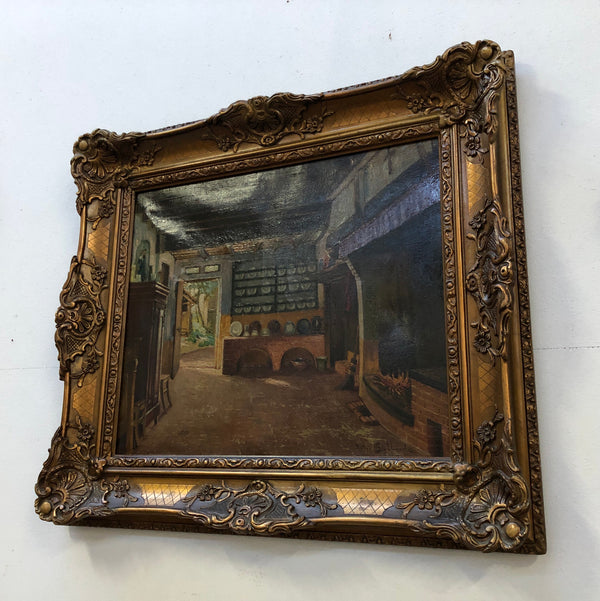 Antique French gilt framed signed oil on canvas of an interior scene in good original condition.