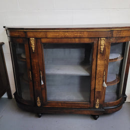 Victorian Rosewood inlaid side cabinet/credenza with velvet lined shelves and gilt mounts. It has been sourced locally and is in good original condition with loads of character.