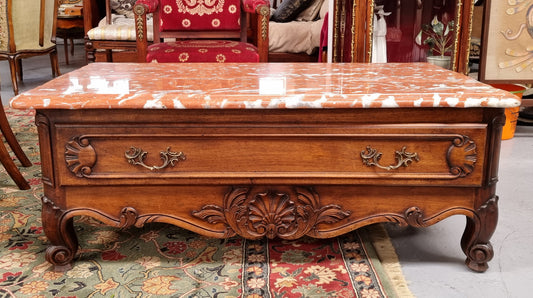 Amazing original walnut Louis XV style coffee table with a marble top, one drawer on either end and a faux drawer at the front. In good original detailed condition, sourced in France.