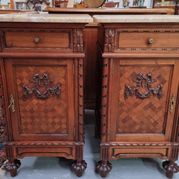 Impressive Pair of Walnut Parquetry Inlaid Henry II Style Marble Top Bedside Cabinets