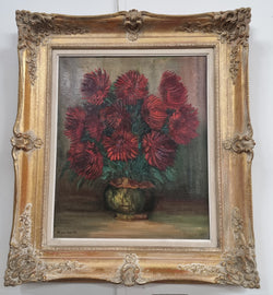 Charming Oil on Canvas of Red Chrysanthemums Painting | Antique & Vintage | Moonee Ponds Antiques | Australia Wide Delivery