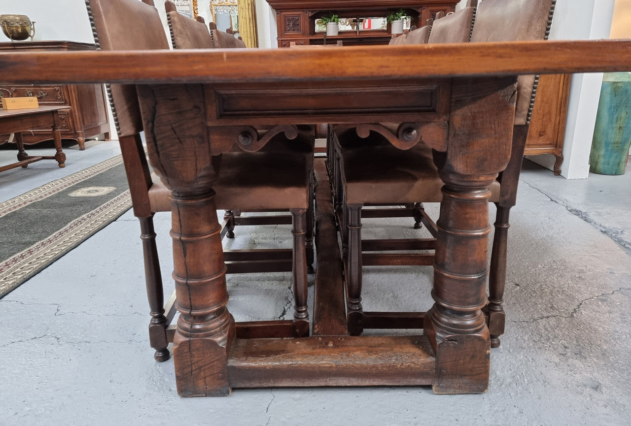 Amazing 3 Meter Dark Oak Farmhouse Dining Table With Set of 10 Leather Chairs | Antique & Vintage | Moonee Ponds Antiques | Australia Wide Delivery