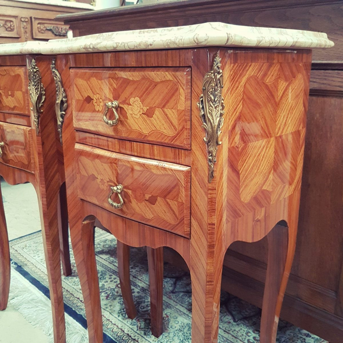 Kingwood Floral Marquetry Inlay Bedsides | Antique & Vintage | Moonee Ponds Antiques | Australia Wide Delivery