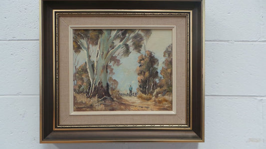 A framed oil on board titled "First Light Of Autumn Muster" signed by Lorraine Davies and in good condition.
