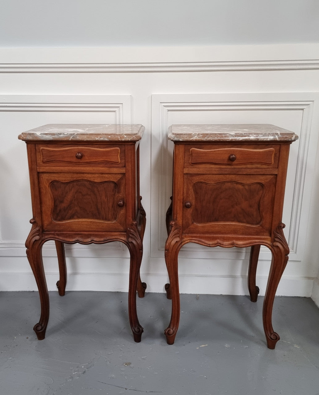 French Louis XVI Style Figured Walnut Marble Top Bedsides | Antique & Vintage | Moonee Ponds Antiques | Australia Wide Delivery