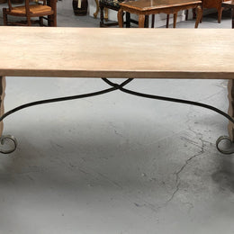 Limed French Oak Farmhouse table with decorative iron base. In good original detailed condition.