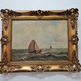 Beautiful 19th century French school oil on canvas of a ship in rough seas and framed beautifully in an ornate frame in good condition.