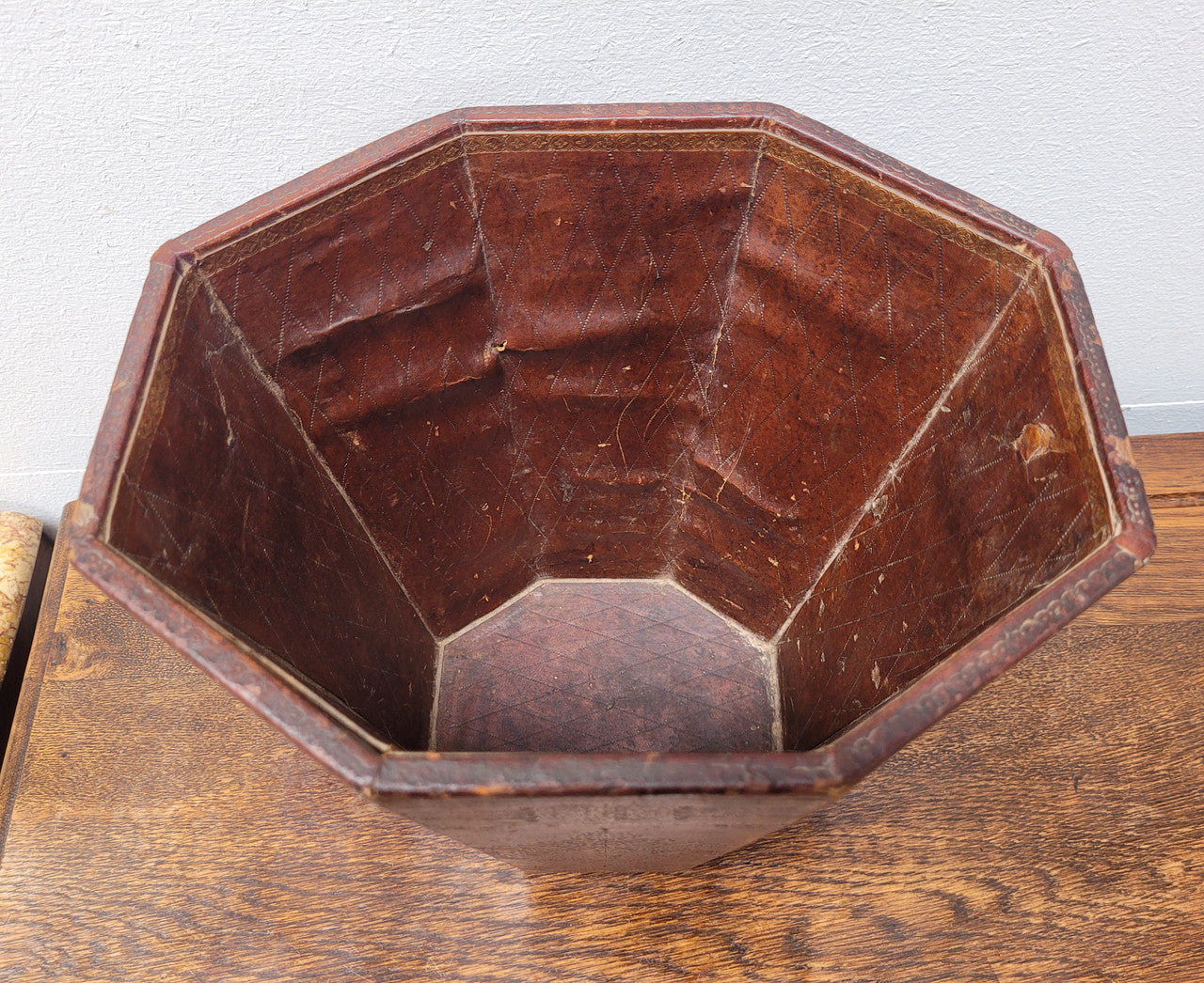 Vintage Italian Tooled Leather Waste Bin
