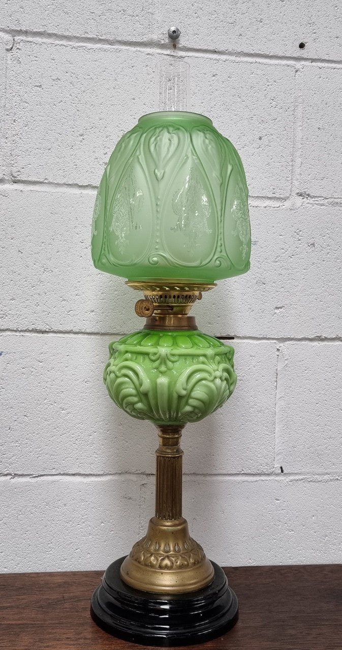 Beautiful Victorian green banquet lamp. It is in good condition, shade looks to be a later. It has been sourced locally.