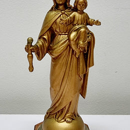 Vintage Mary gilt metal on a wooden stand, It is in good original condition and has been sourced locally. Please view photos as they help form part of the description.