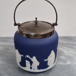 Wedgwood Blue Adam's Jasperware Biscuit Barrel