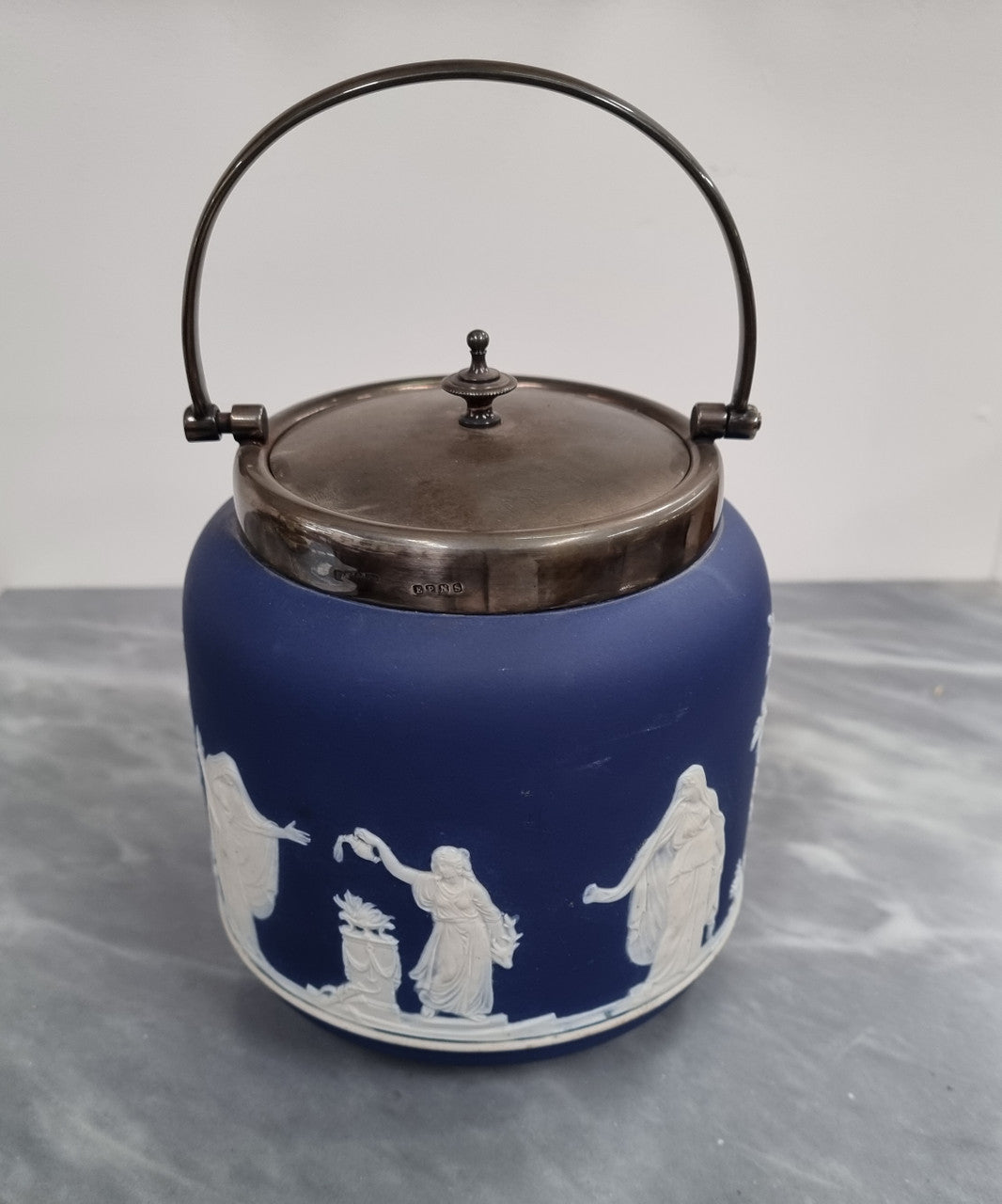 Wedgwood Blue Adam's Jasperware Biscuit Barrel