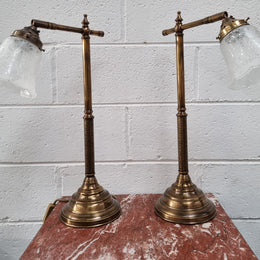 Pair of tall Antique style table lamps with glass floral etched shades. They have been sourced locally and are in good original detailed working condition.