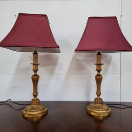 Pair of French Antique 19th Century Gilt Bronze Candlestick Lamps & Shades