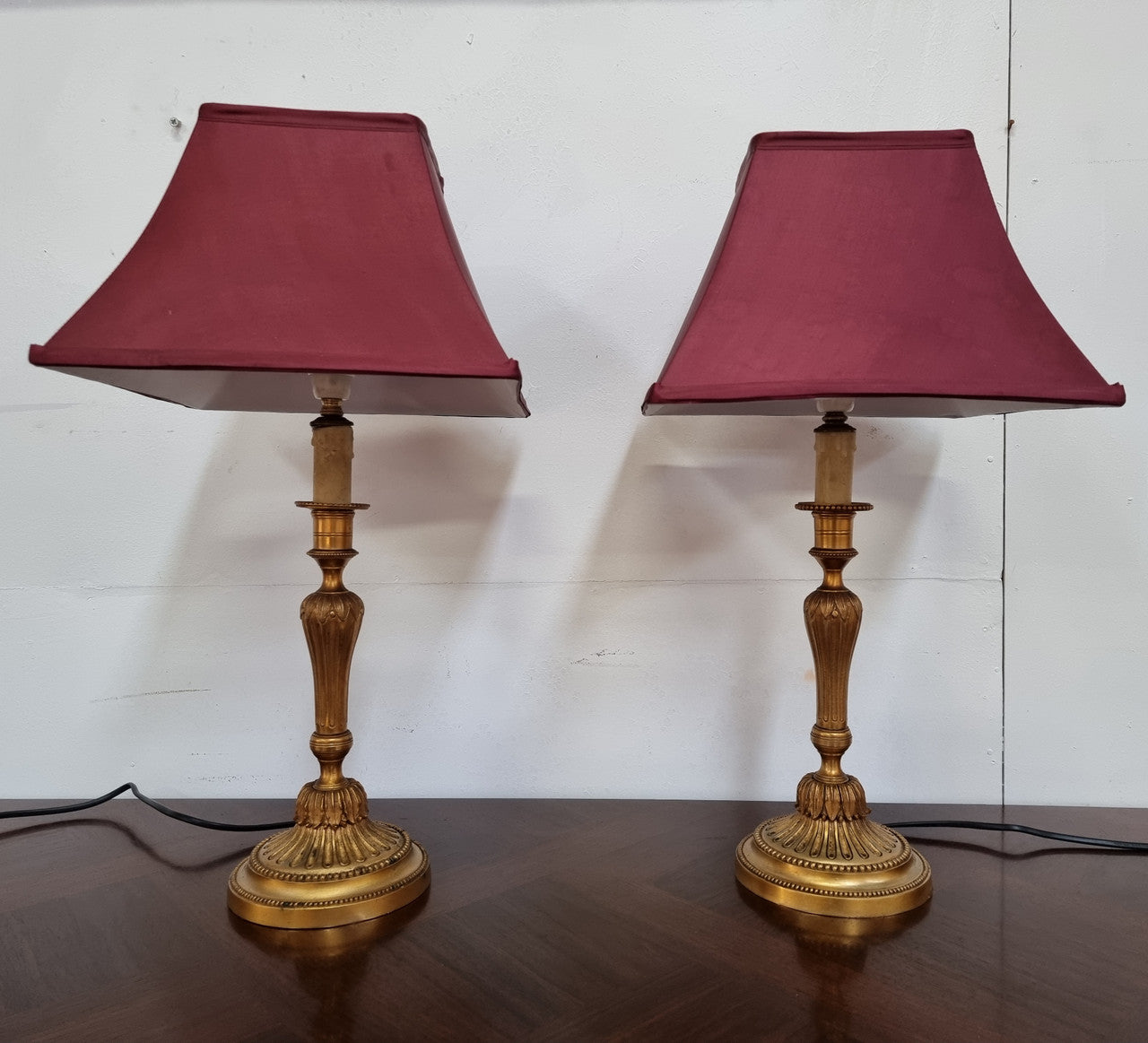 Pair of French Antique 19th Century Gilt Bronze Candlestick Lamps & Shades