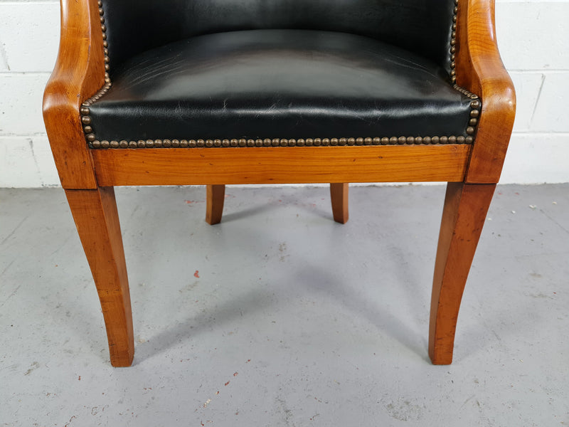 Antique Empire style Walnut and leather office desk chair. In good original detailed condition and leather is in good used condition.