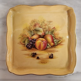 “Aynsley Orchard Gold” tea set on tray. Consisting of small teapot, lidded sugar and creamer. Please view photos as they help form part of the description.