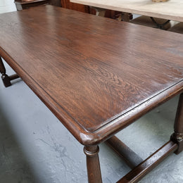 French Dark Oak Farmhouse Style Stretcher Base Dining Table
