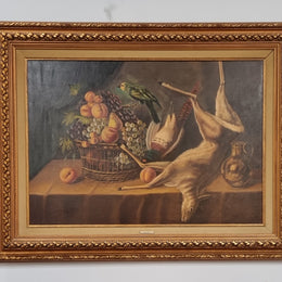 Sourced in France is the beautiful  still life oil painting on canvas, of a bird, rabbit and deer. Framed in a beautiful ornate gilt frame and in good original condition.