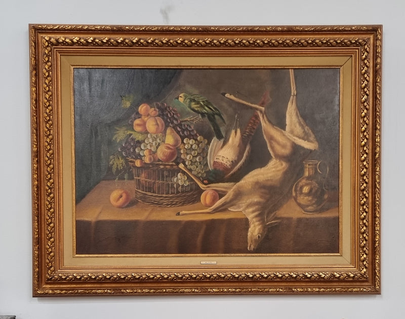 Sourced in France is the beautiful  still life oil painting on canvas, of a bird, rabbit and deer. Framed in a beautiful ornate gilt frame and in good original condition.