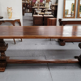 French style reclaimed Elm Farmhouse table with stretcher base and amazing carving underneath. Table can sit 10-12 people and is in good original detailed condition.