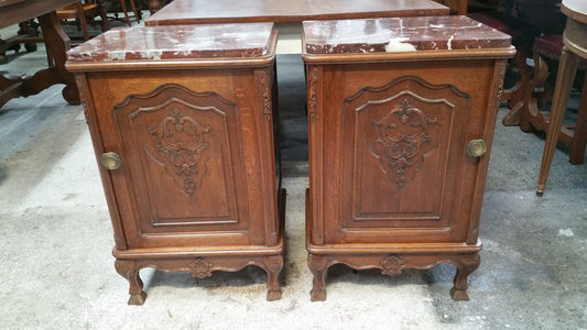 French Walnut Marble Top Bedside Cabinets