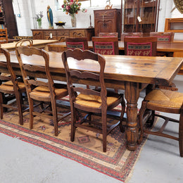 Large impressive 19th century 2.5 meter Antique French Oak farmhouse table. Loads of character with a stunning solid thick top and has a long drawer at one end. Sourced from France and in good original detailed condition.