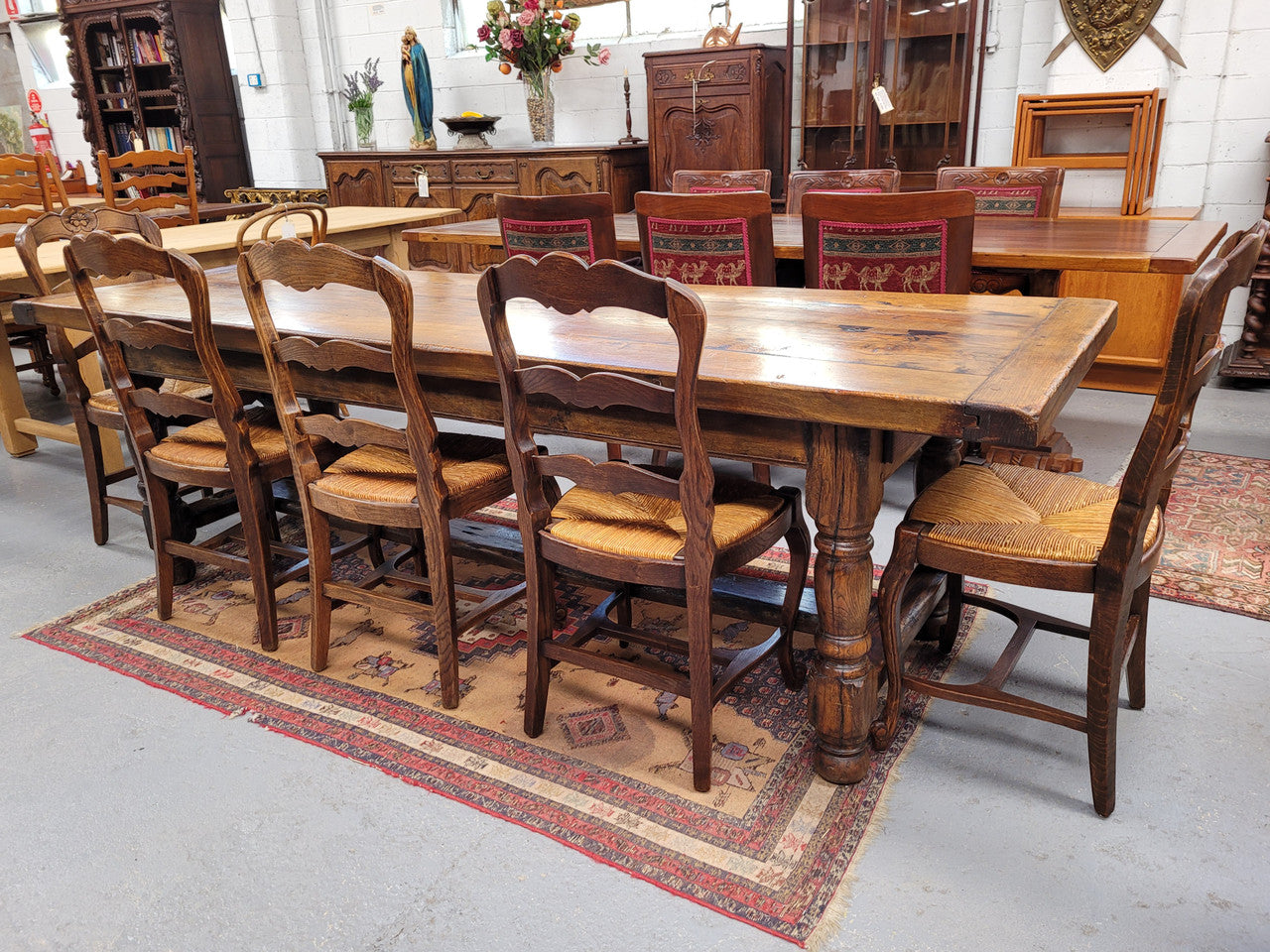 Large impressive 19th century 2.5 meter Antique French Oak farmhouse table. Loads of character with a stunning solid thick top and has a long drawer at one end. Sourced from France and in good original detailed condition.