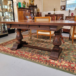 French Walnut Monastery table with two internal drawers. This table can be used as a dining table or as a large desk. It has been sourced from France and is in good original detailed condition.