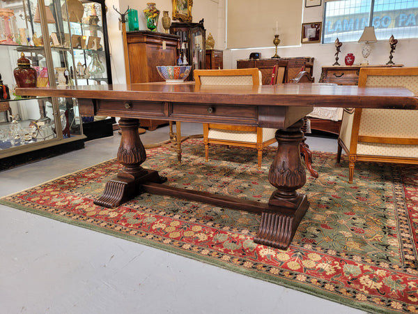 French Walnut Monastery table with two internal drawers. This table can be used as a dining table or as a large desk. It has been sourced from France and is in good original detailed condition.