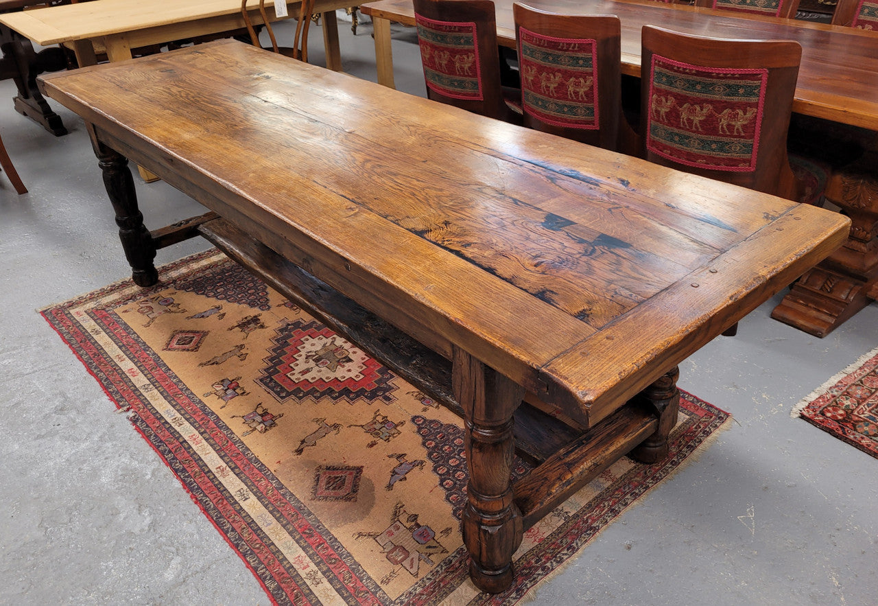 Large impressive 19th century 2.5 meter Antique French Oak farmhouse table. Loads of character with a stunning solid thick top and has a long drawer at one end. Sourced from France and in good original detailed condition.