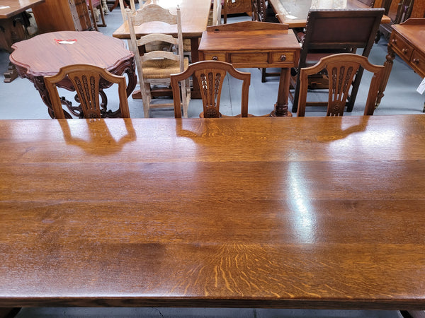 Amazing French Oak stretcher base Farmhouse table. It can comfortably sit eight people and is in good original detailed condition.