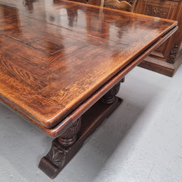 Renaissance style Oak extension table with parquetry top and twin pedestal base. The table extends by pulling out an extension leaf either side making it 287 cm long. Sourced from France and in good original detailed condition.