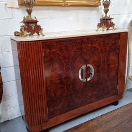 Beautiful Bespoke Art Deco style Walnut and Mahogany marble top buffet. In good original detailed condition.