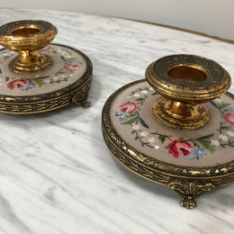 Pair Of Petit Point & Gilt Metal Dressing Table Vintage Candle Holders