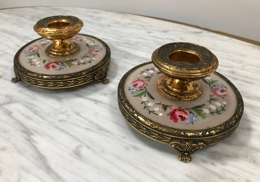 Pair Of Petit Point & Gilt Metal Dressing Table Vintage Candle Holders
